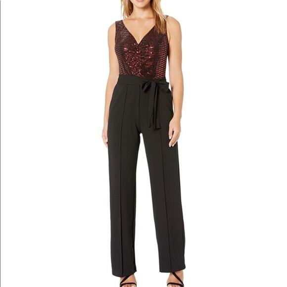 Donna Morgan Red Metallic Sequin Stretch Top Sleeveless Black V Neck  Jumpsuit - Picture 3 of 9